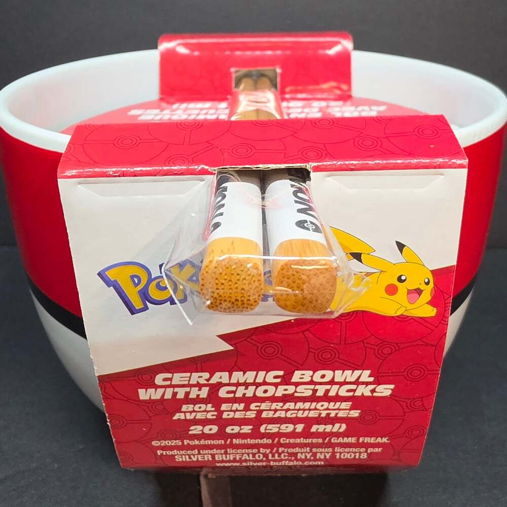 Pokemon Pokeball Ceramic Ramen Bowl with Chopsticks 20oz Silver Buffalo